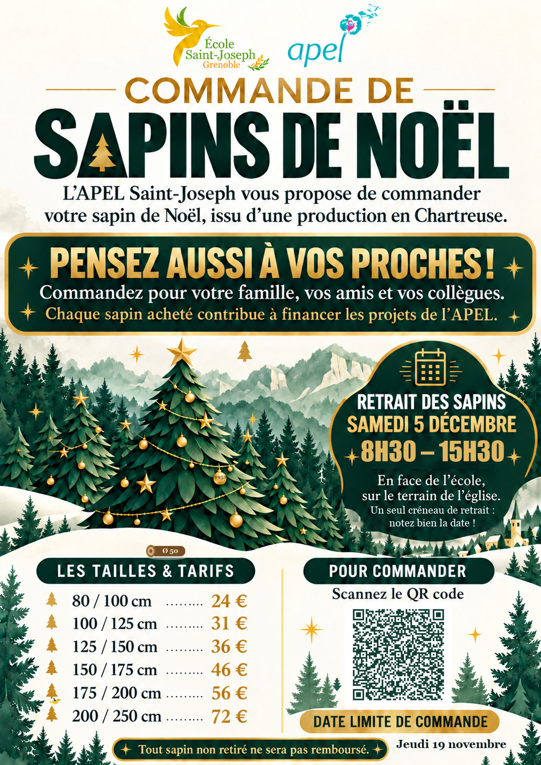 Affiche de la vente de sapins de Noël 2026 de l'APEL Saint-Joseph
